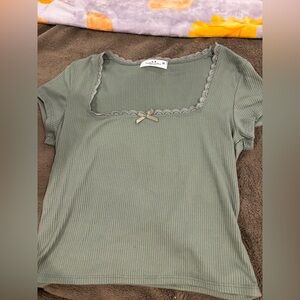 Green Ribbed Top with Lace Trim